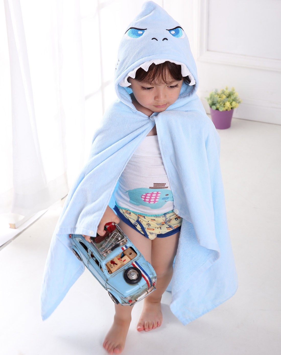 hugmii儿童泳具专场男女童蓝色鲨鱼造型浴袍浴巾dpyp004_唯品会