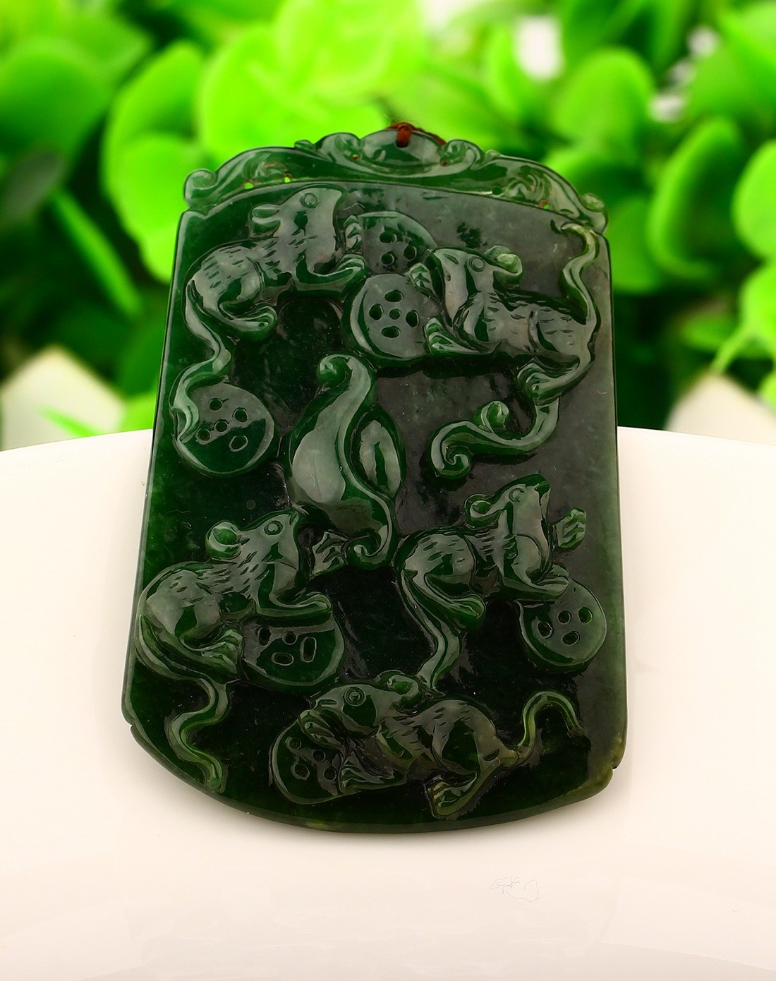 天然a货翡翠精雕油青五鼠运财吊坠附证书