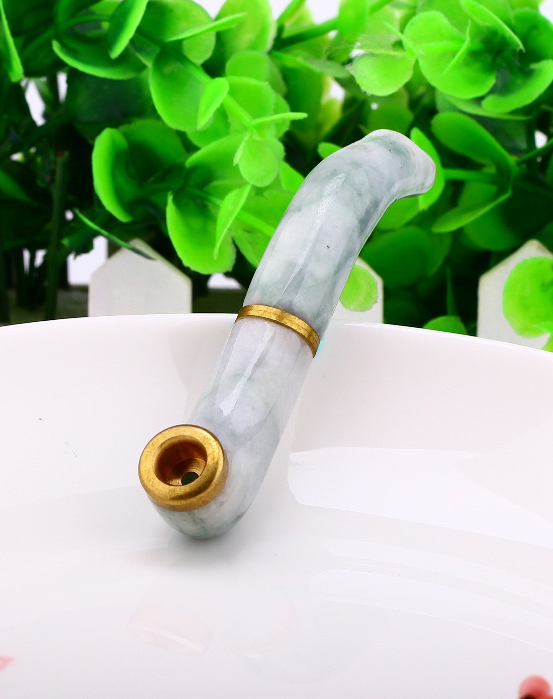 天然a货豆种飘花精雕翡翠烟斗附证书