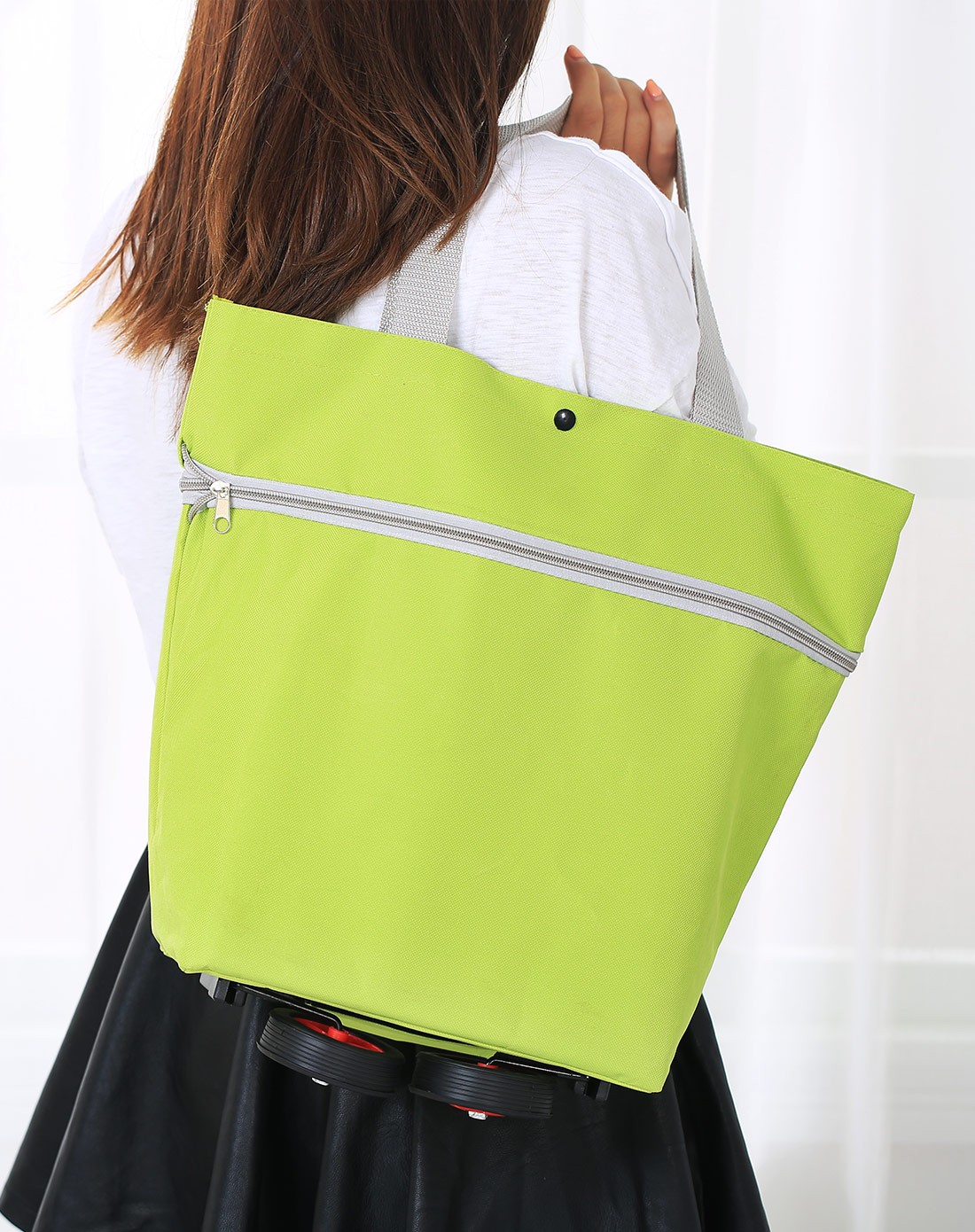 果绿可折叠双肩背式带轮购物袋