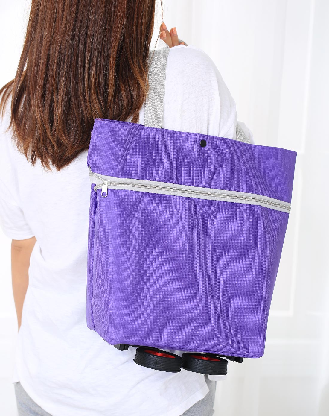 紫色可折叠双肩背式带轮购物袋
