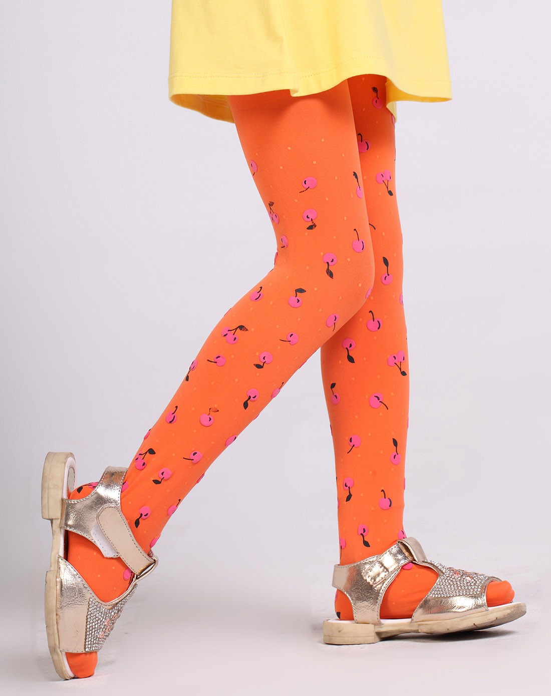 女童橘色3条装樱桃印花连裤袜