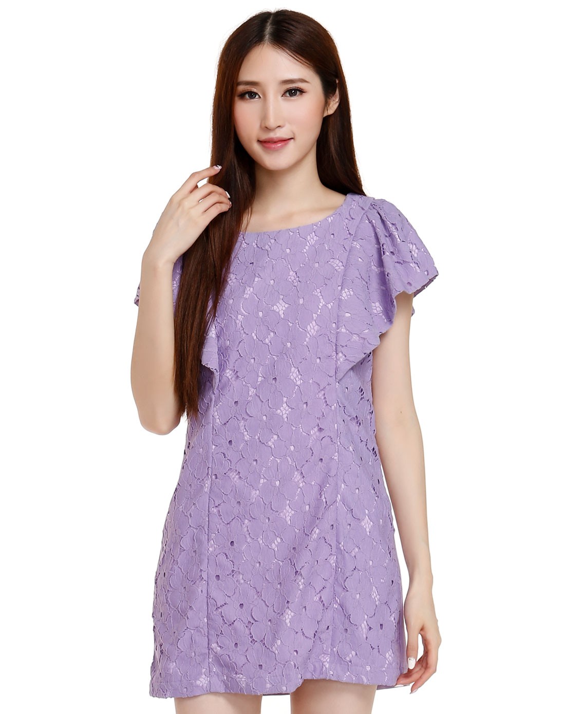 浅紫色镂空拼接连衣裙