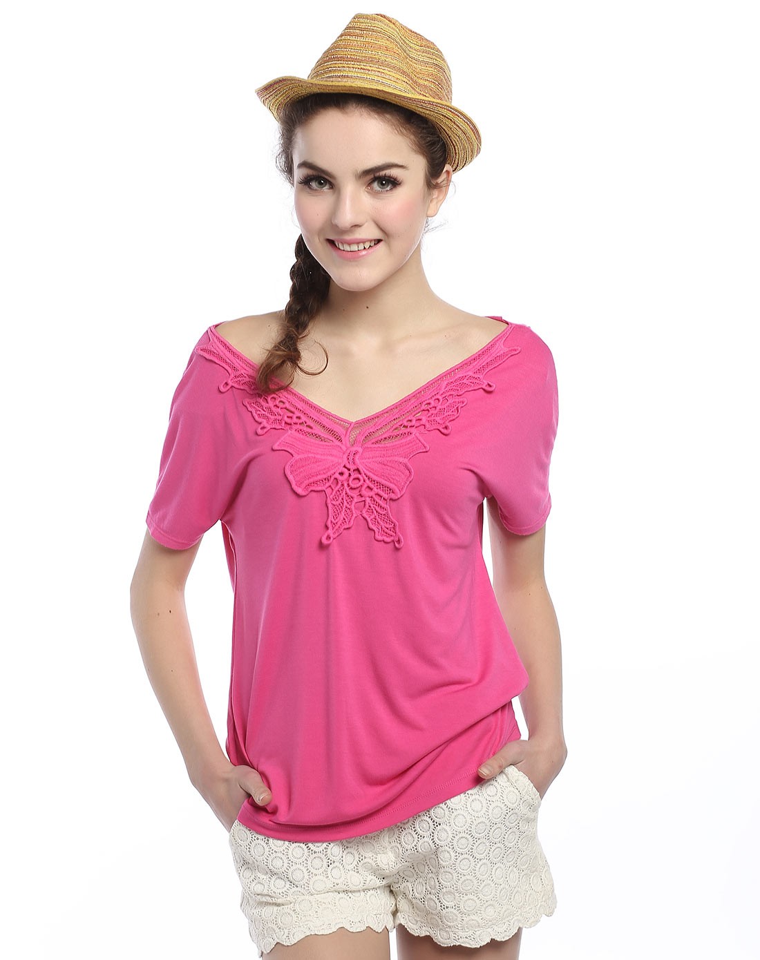 鲜粉红色休闲简洁短袖上衣