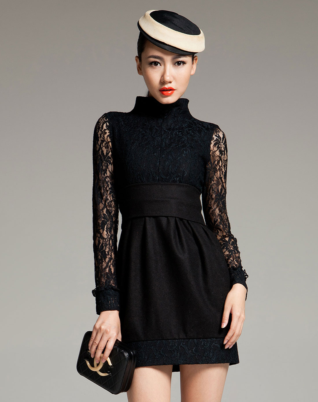 iaizo 黑色蕾丝修身性感长袖连衣裙