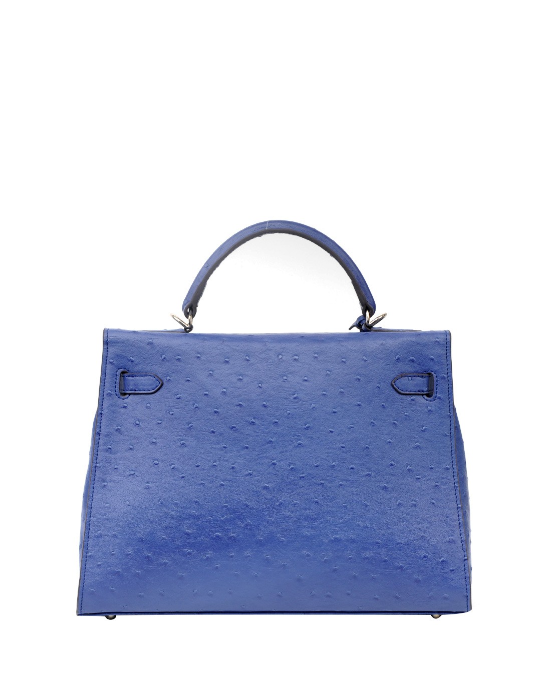 宝蓝纯色皮带装饰翻盖鸵鸟纹手提包