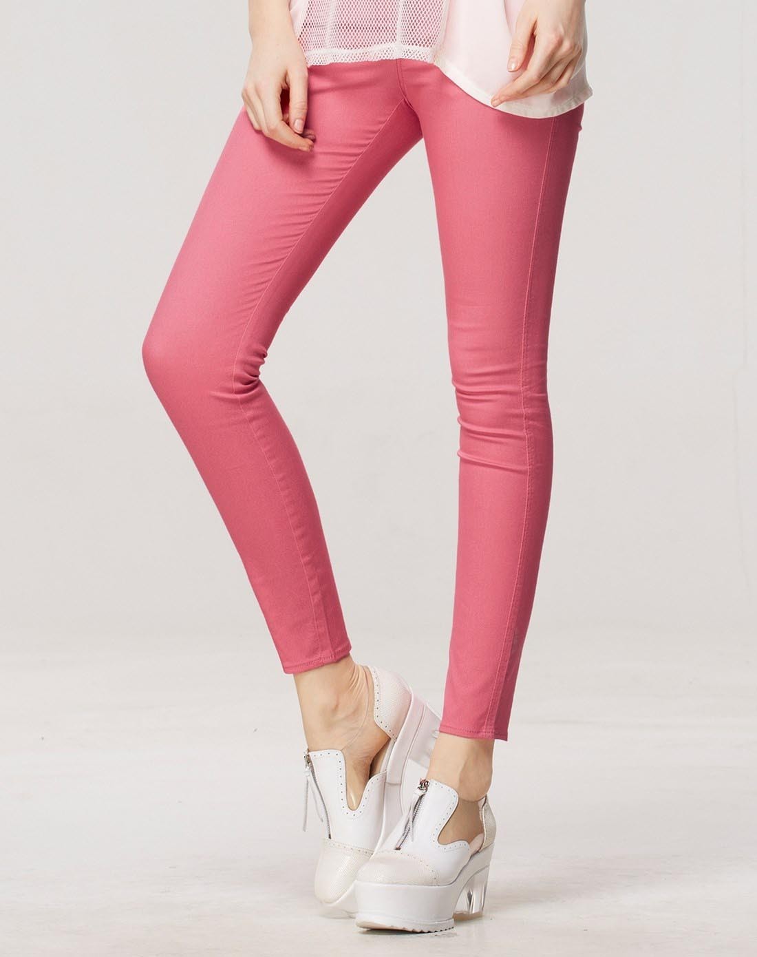 派对粉色极简塑形弹力休闲铅笔裤