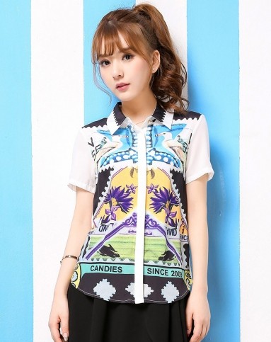 拉夏贝尔旗下品牌candies黑色单排扣梭织印花宽松短袖衬衫30003153