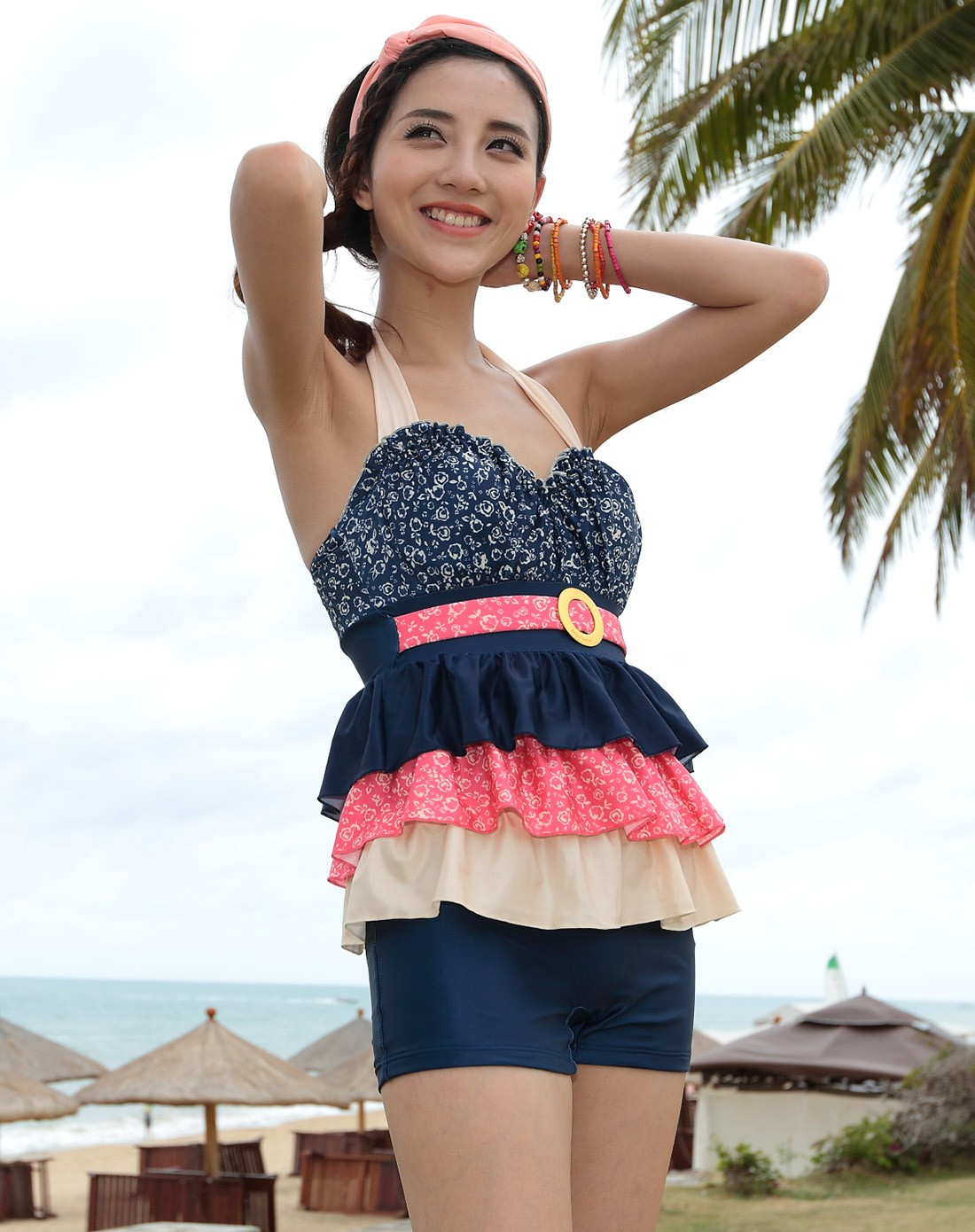 聚拢性感 女款兰色泳衣 碎花印图