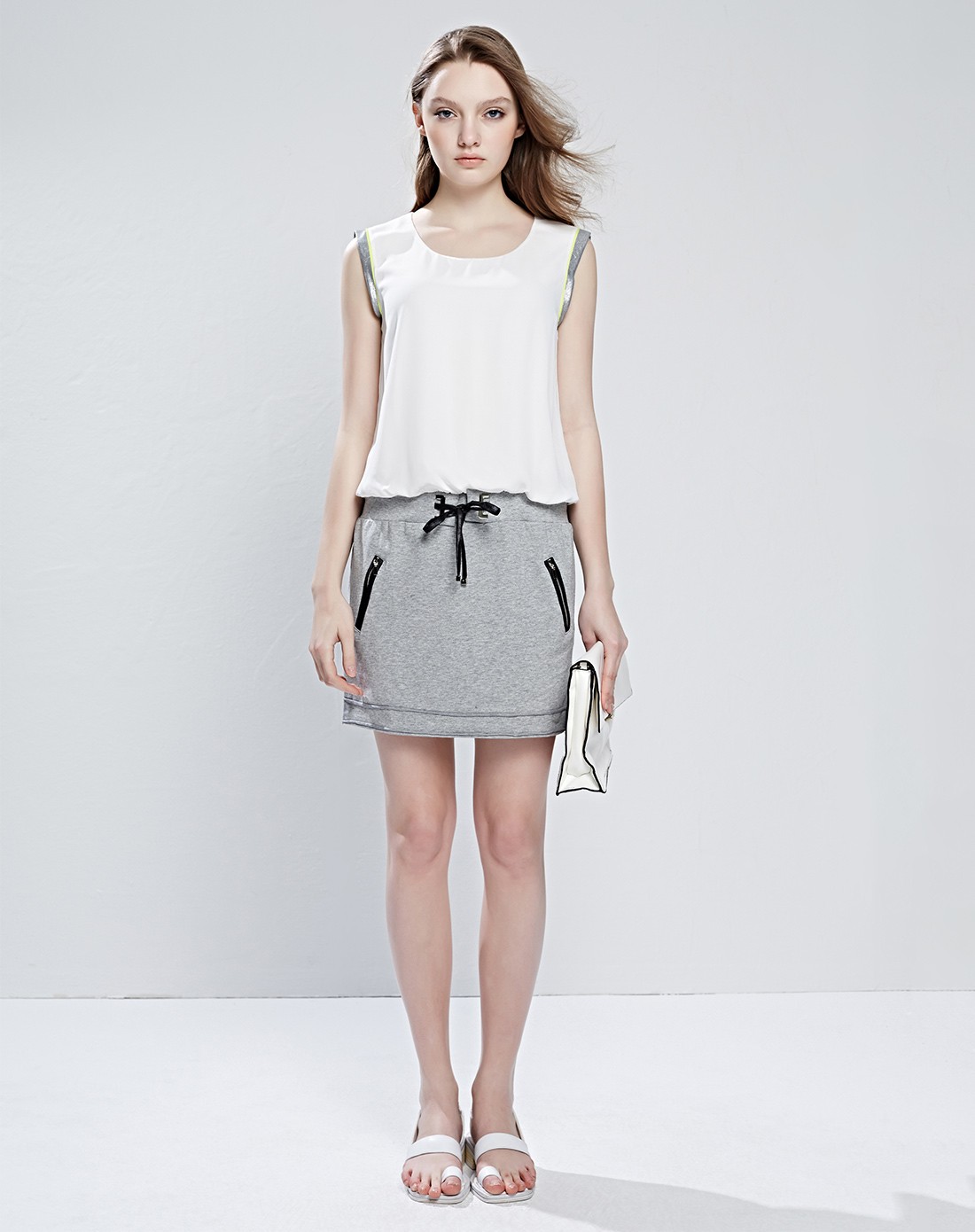 艾莱依eral拼接无袖中长裙低腰连衣裙