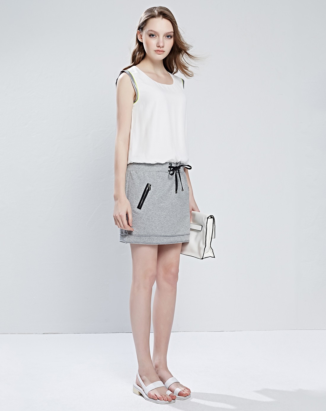 艾莱依eral拼接无袖中长裙低腰连衣裙