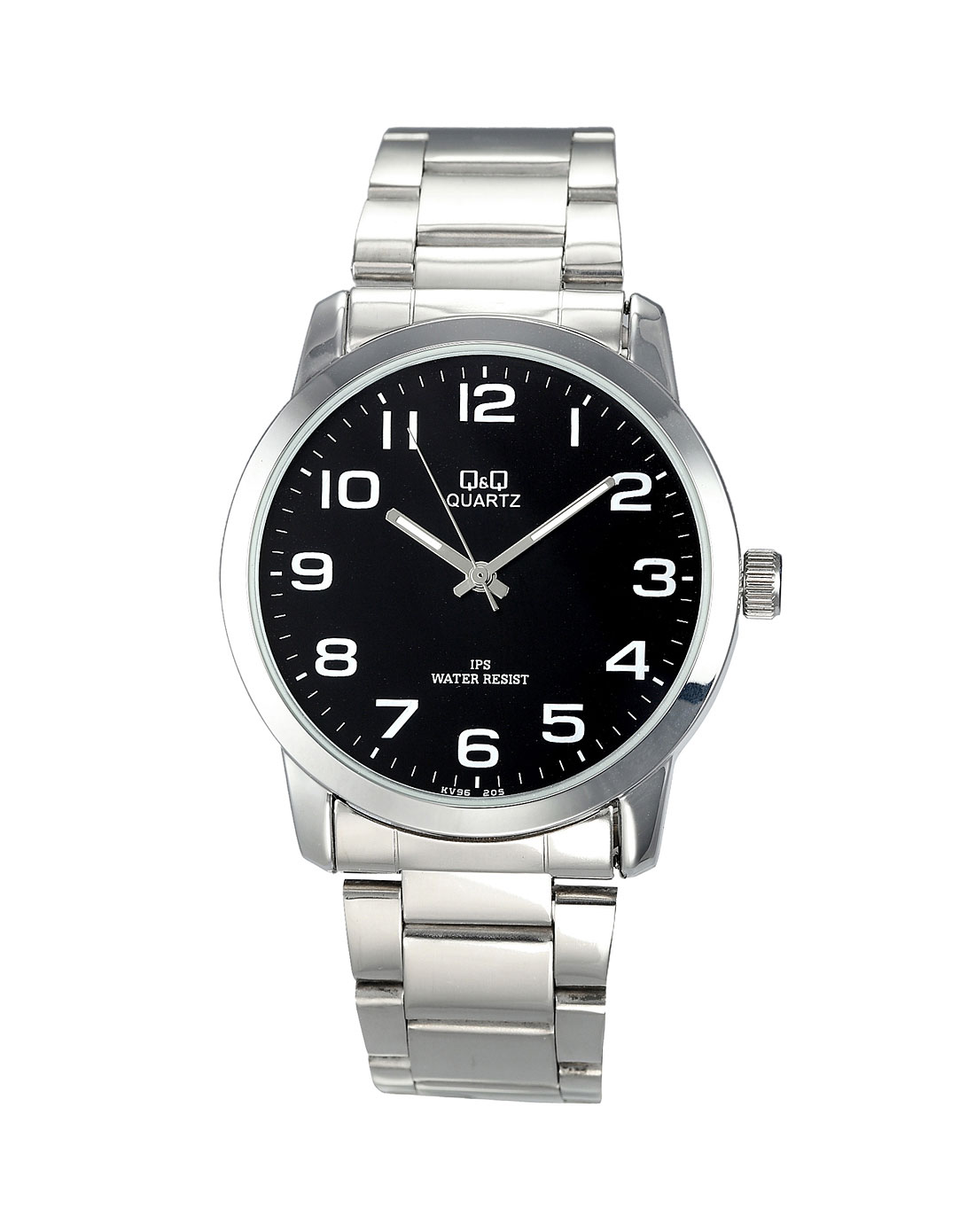 > q&q 男款黑/银色大表盘简约指针钢带石英手表