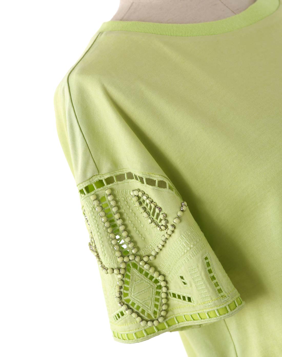 浅草绿圆领袖身镂空绣花钉珠t恤