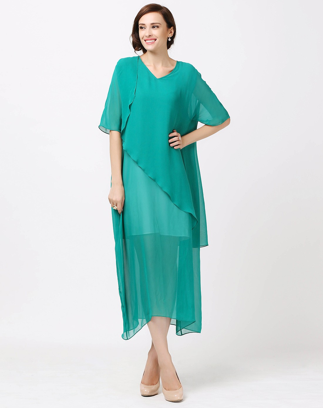 浣溪纱-青碧宽松v领假两件套真丝连衣裙