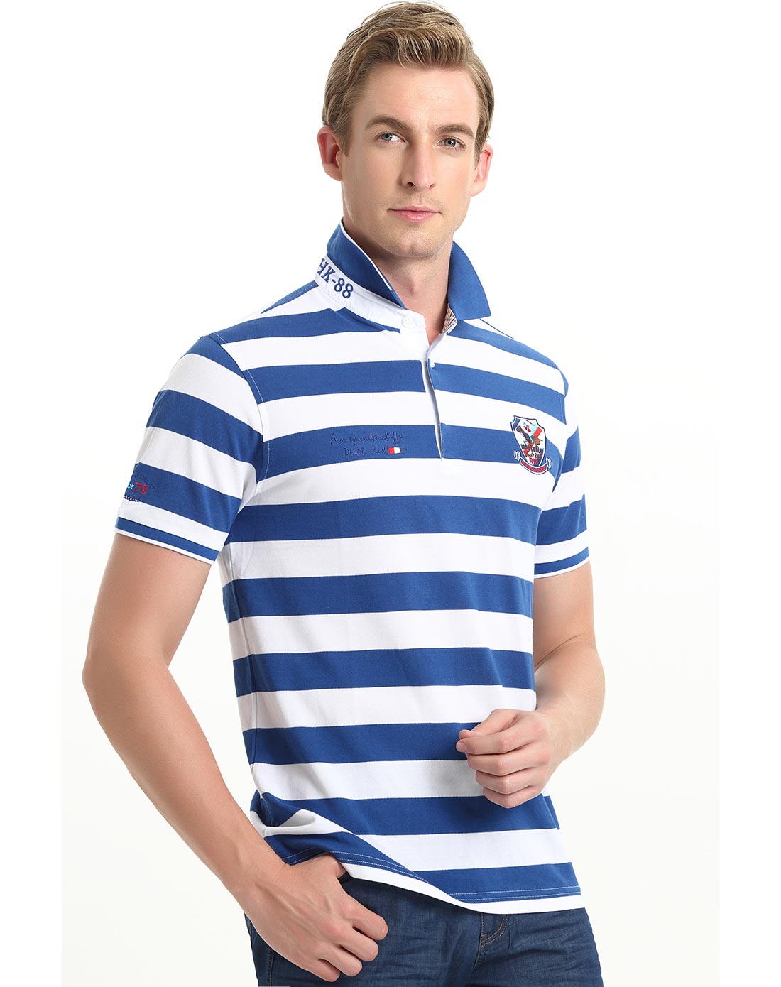 蓝/白色横条翻领t恤