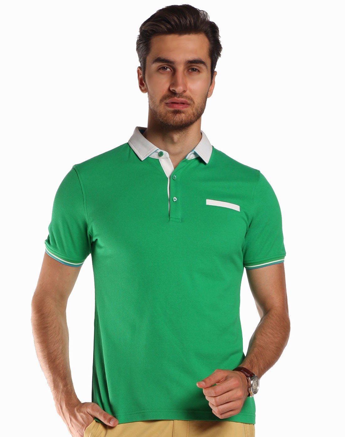 浅绿色100%棉时尚翻领短袖t恤