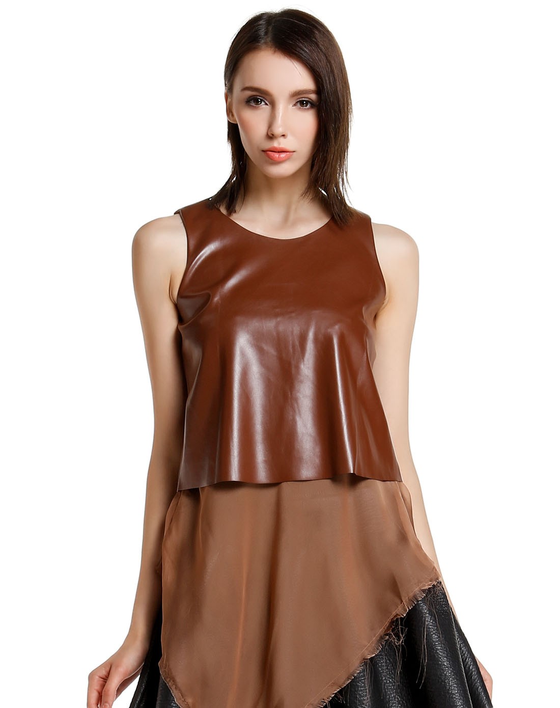 女款深咖啡色圆领时尚无袖上衣