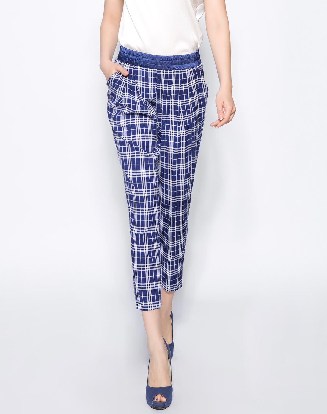 女款真丝蓝白英伦格时尚英伦风格子九分裤