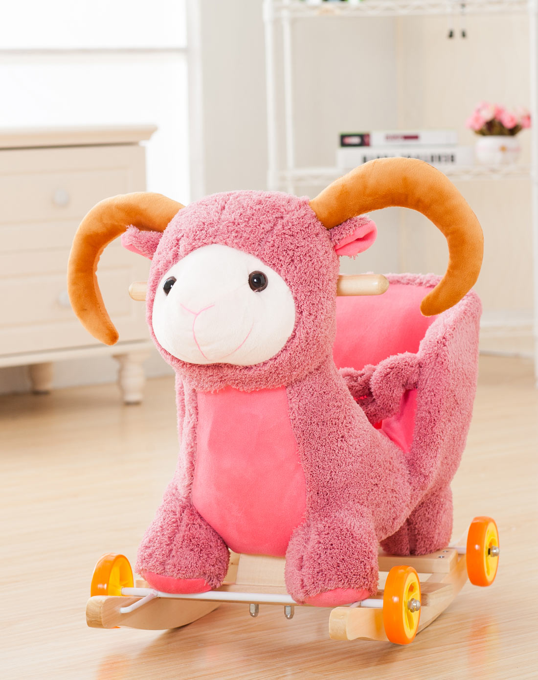 多功能实木摇马带音乐-粉色绵羊款