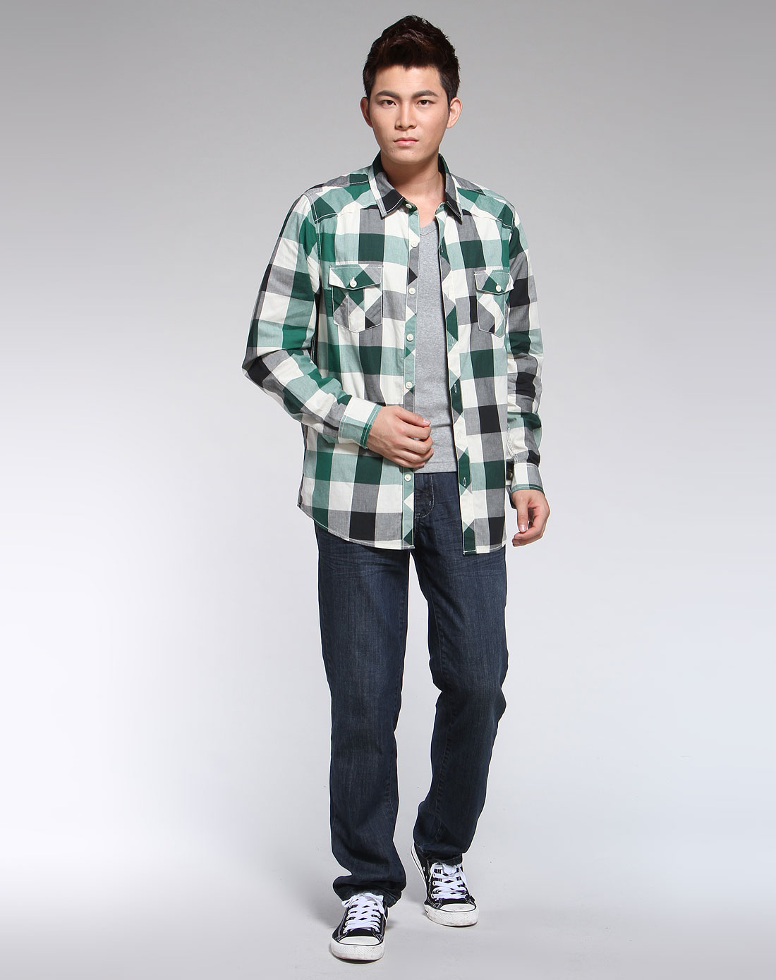 男款绿色格子时尚长袖衬衫