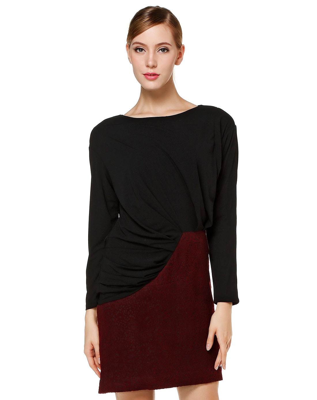 黑/酒红色摩登淑女拼接长袖连衣裙