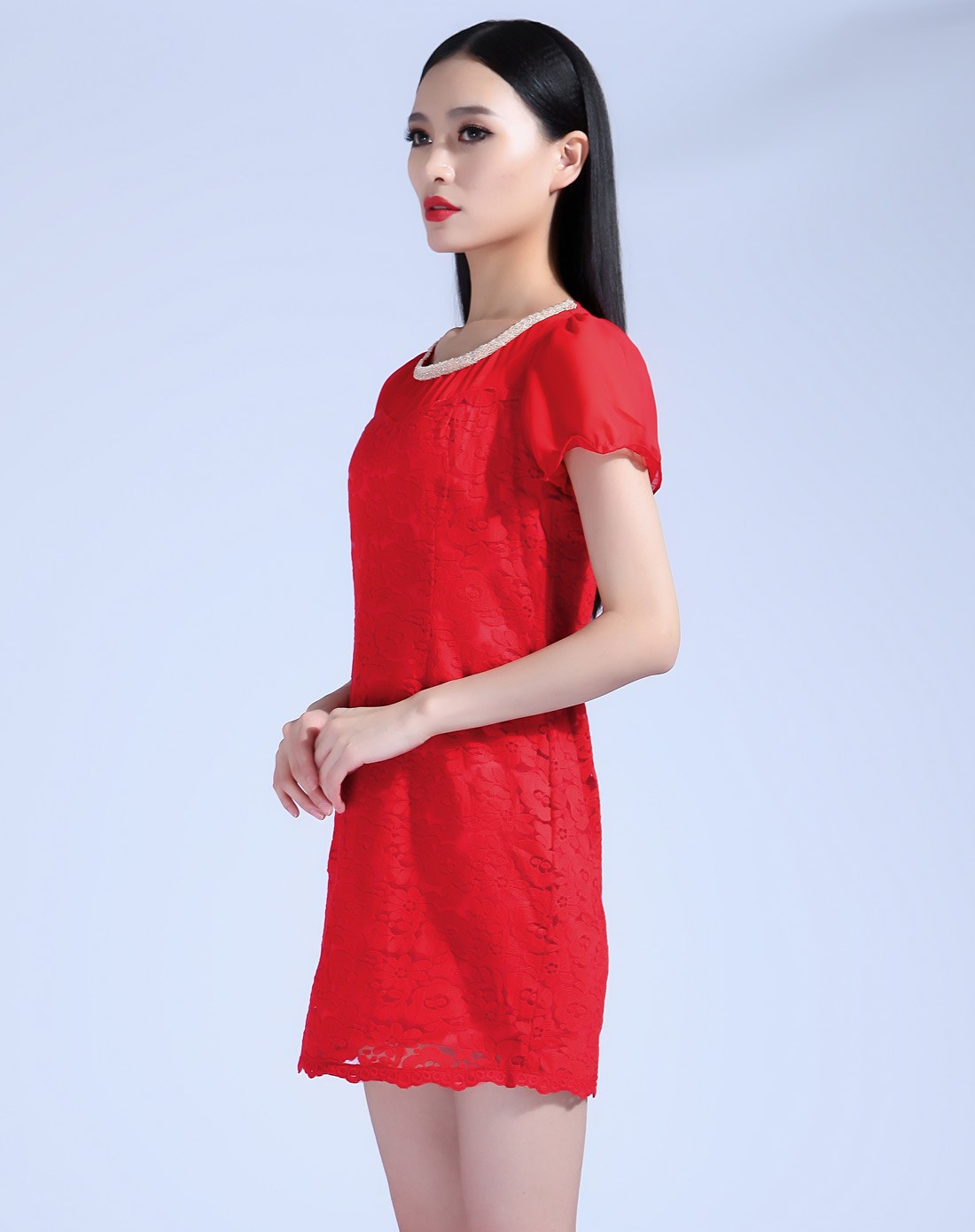 女装樱红色修身显瘦淑女中腰连衣裙