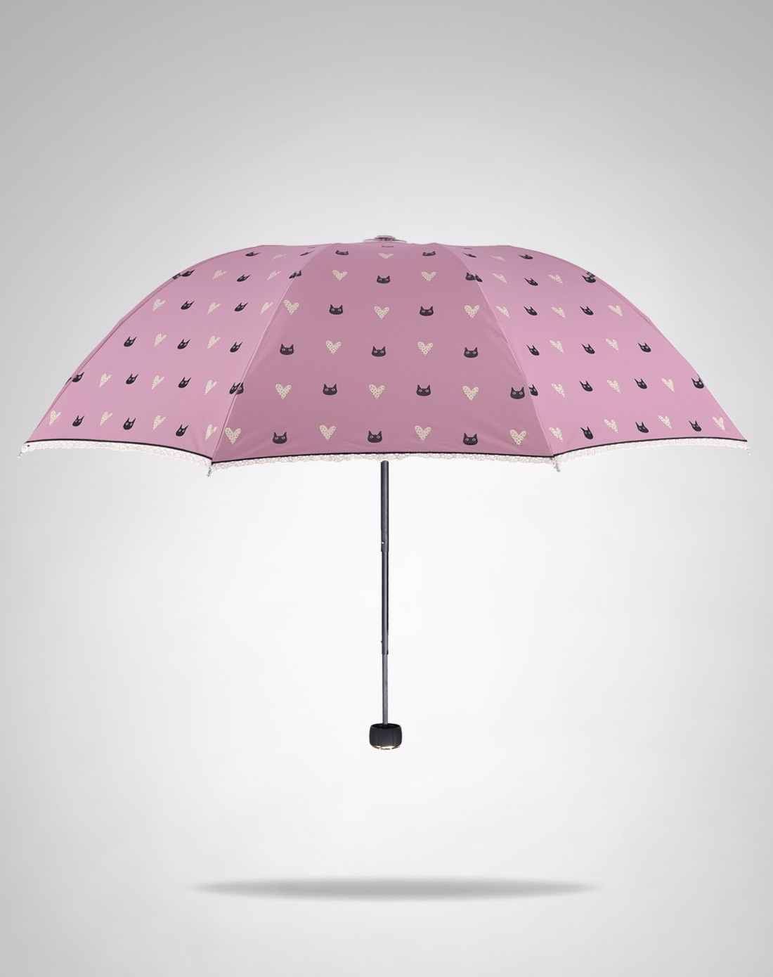 时尚可爱范小桃心三折黑胶晴雨伞