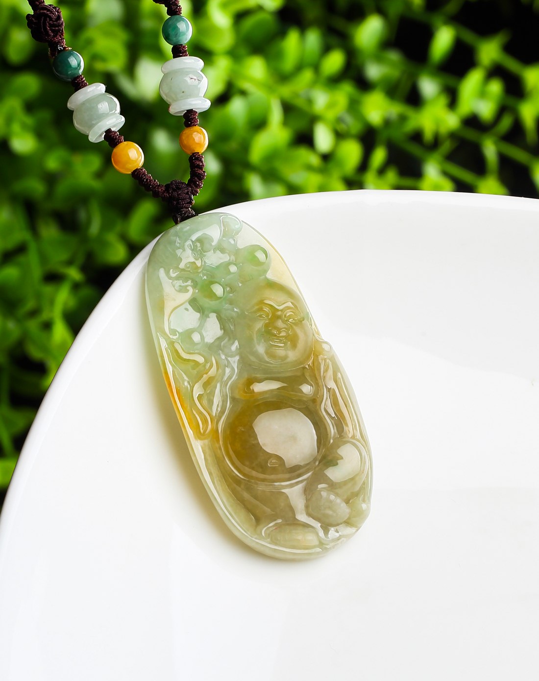 冰糯种水润双彩黄加绿逍遥自在佛天然a货翡翠吊坠