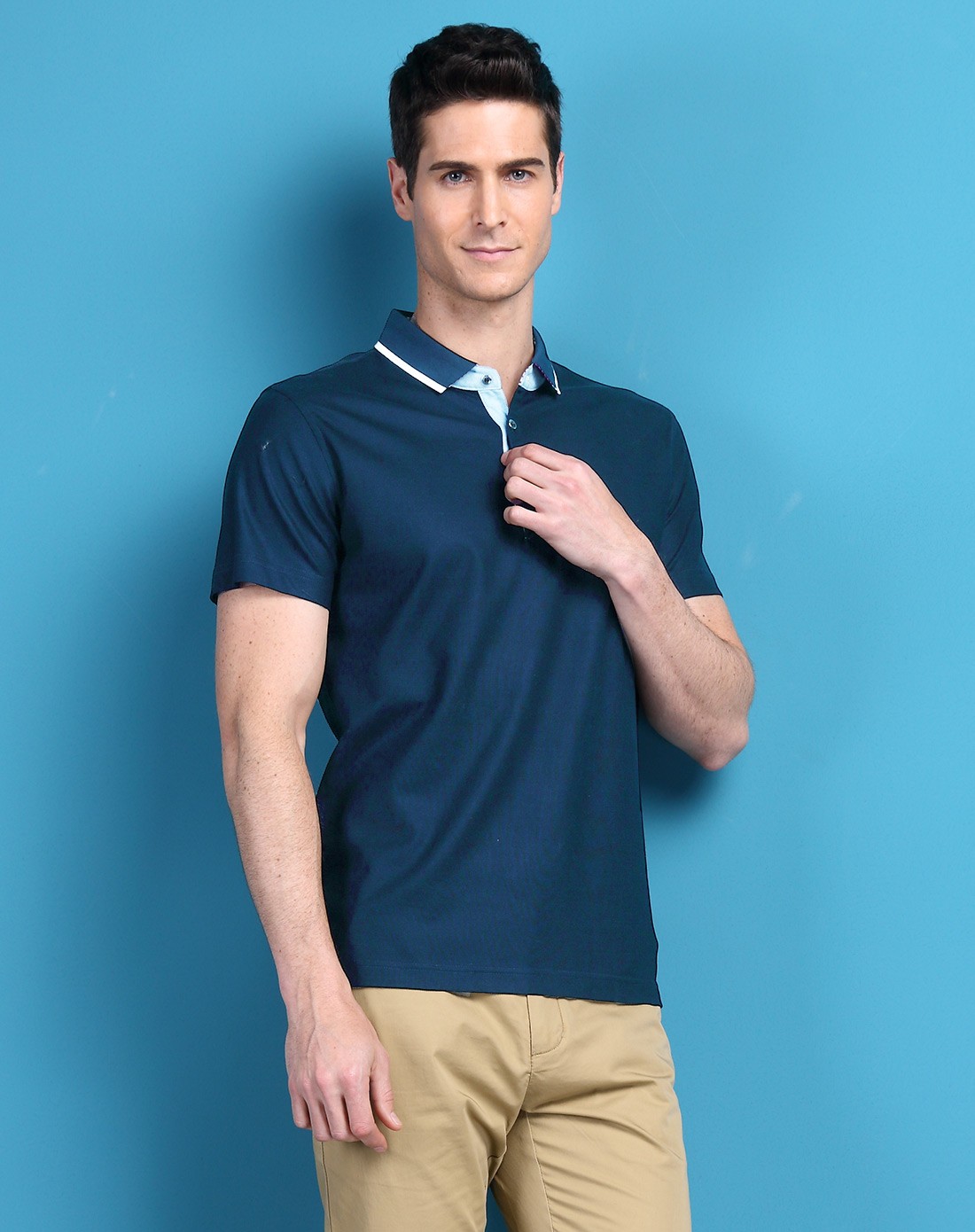 藏蓝色简约帅气100%丝光棉短袖polo衫