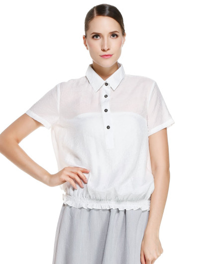 白色翻领斯文半开襟短袖上衣
