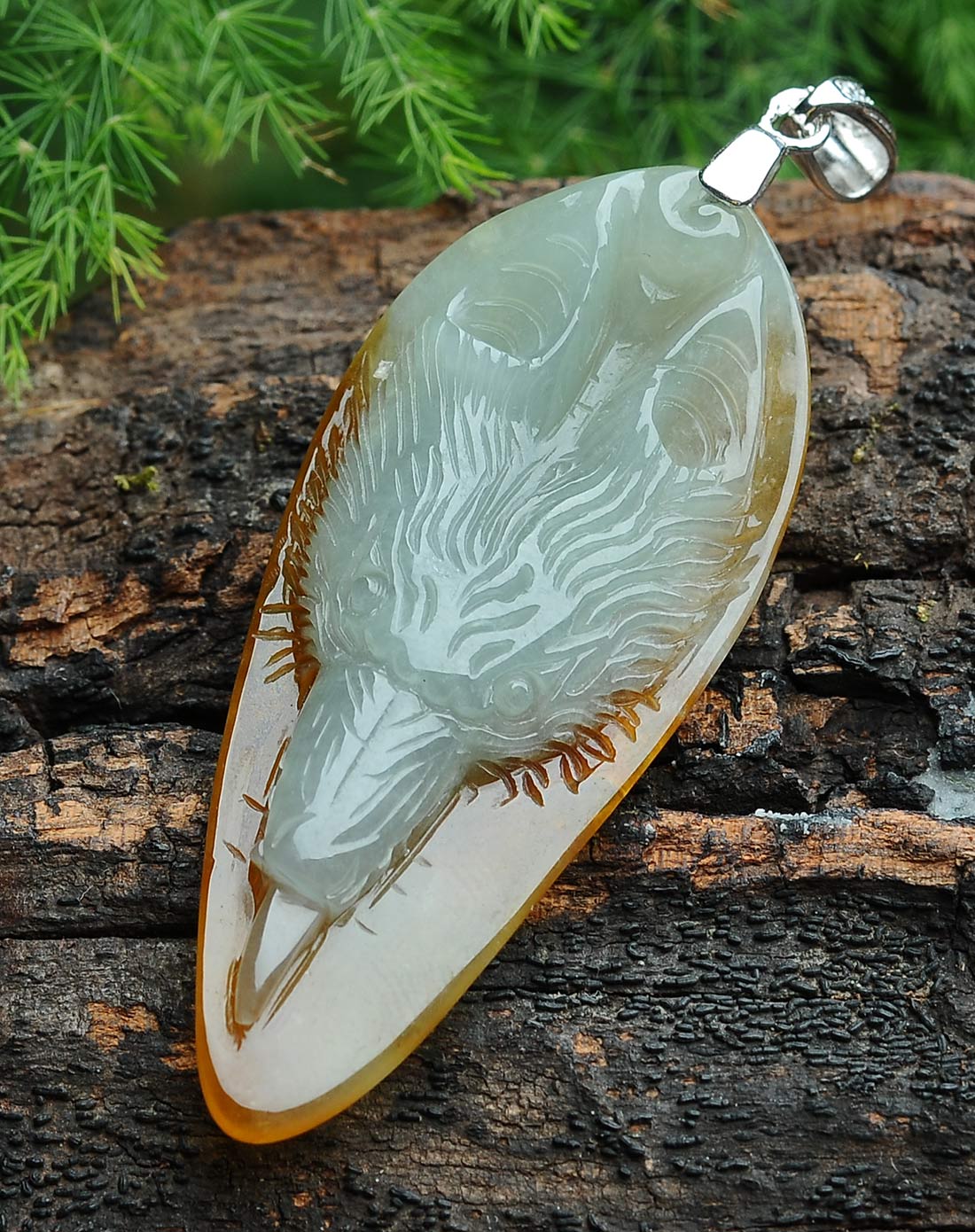 天然翡翠狼头挂件 黄翡狼头吊坠(附国检证书)