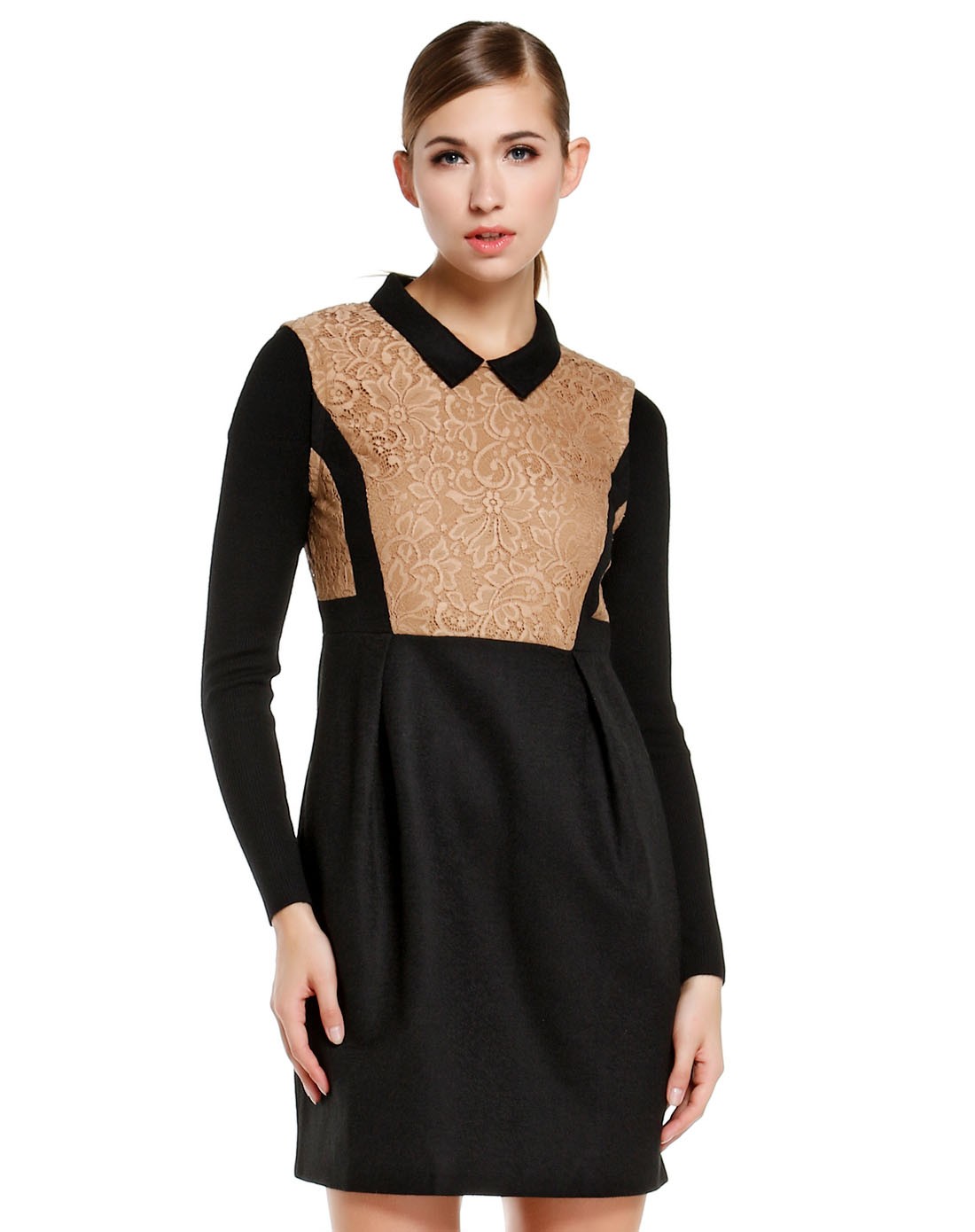 诗篇psalter女装专场 > 黑/浅咖啡色拼接翻领长袖连衣裙