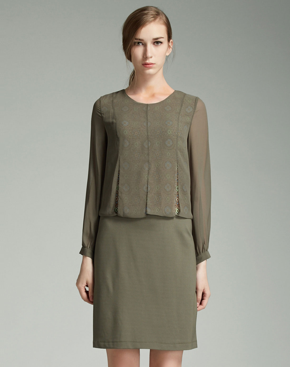 暗绿/多色时尚印花长袖连衣裙