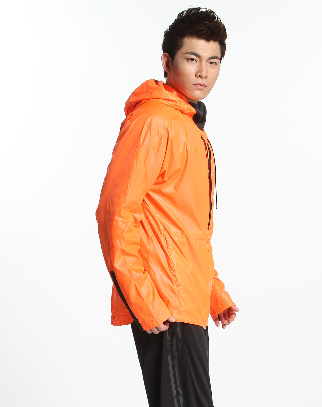 荧光橙色个性连帽时尚长袖风衣