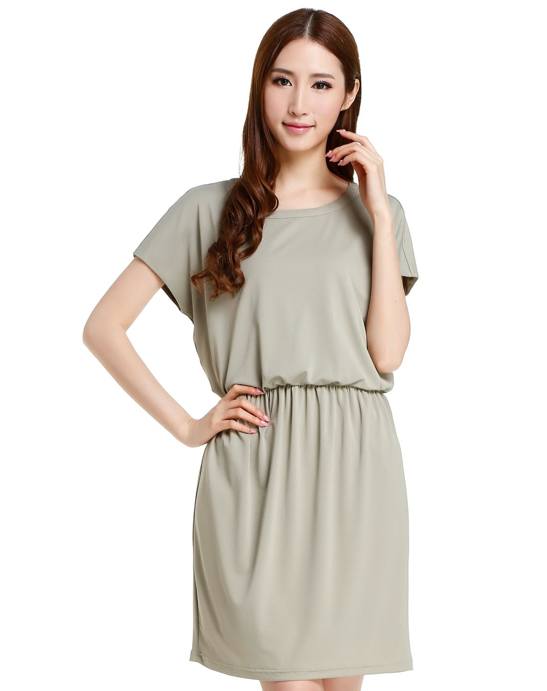灰绿色修身简洁短袖连衣裙