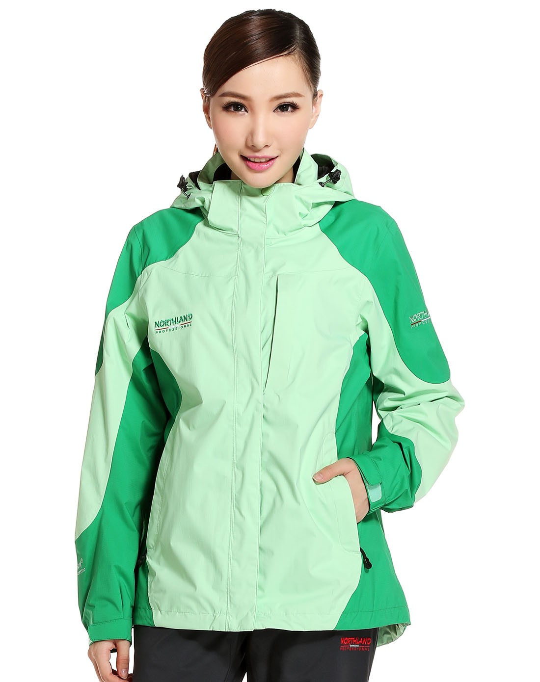 防水透湿 女款淡绿配湖绿色艾丽莎单冲锋衣 长袖连帽