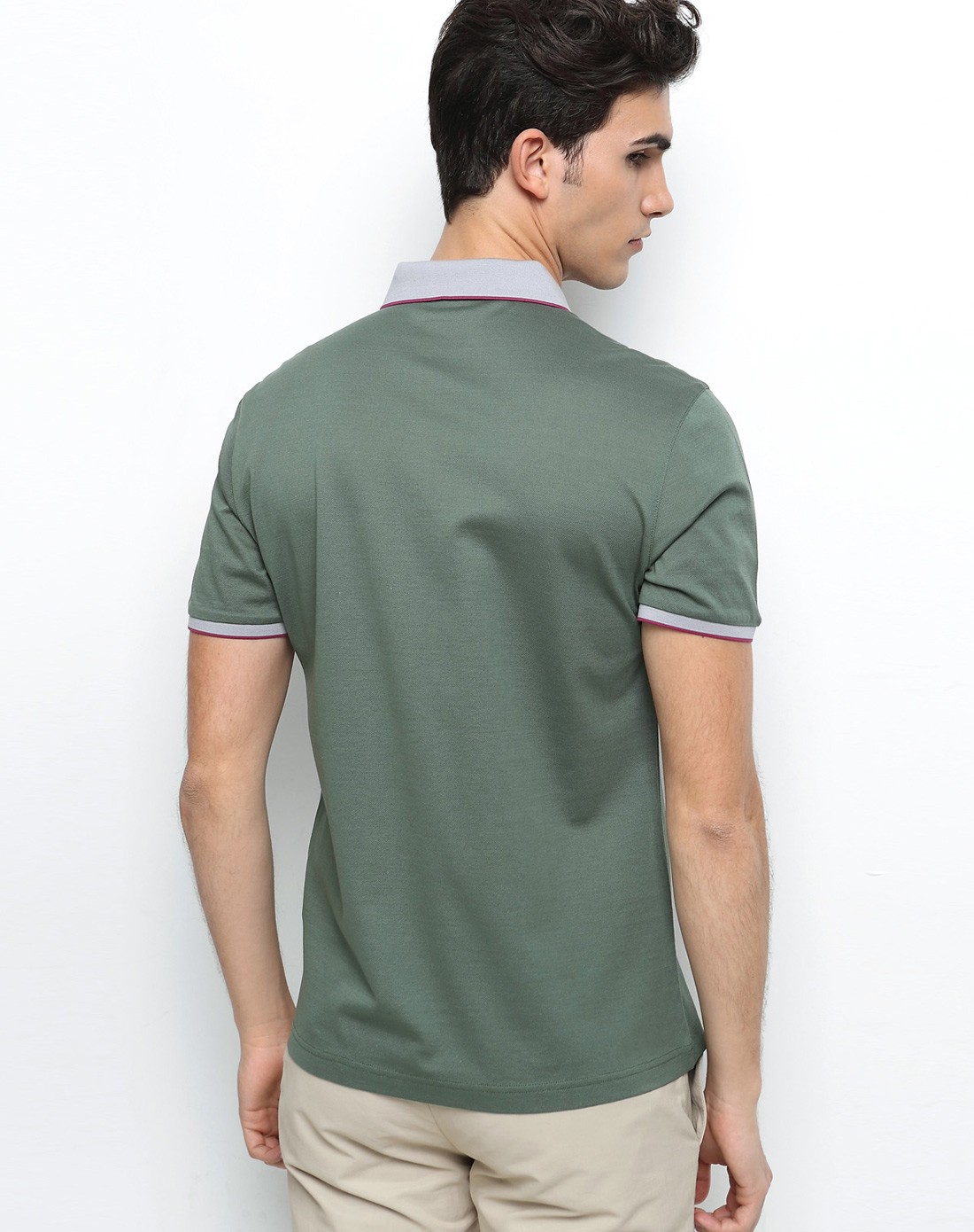 橄榄灰绿细腻珠地冰爽丝光棉polo领短t