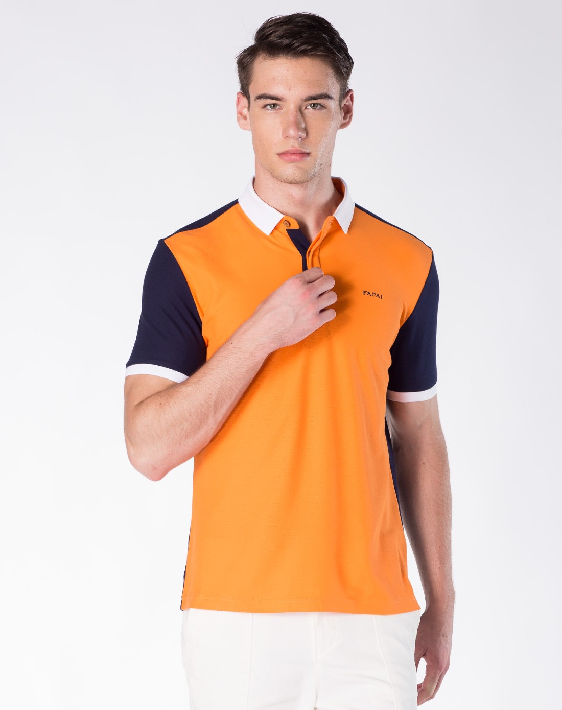 休闲橙色蓝色拼接纯棉polo衫