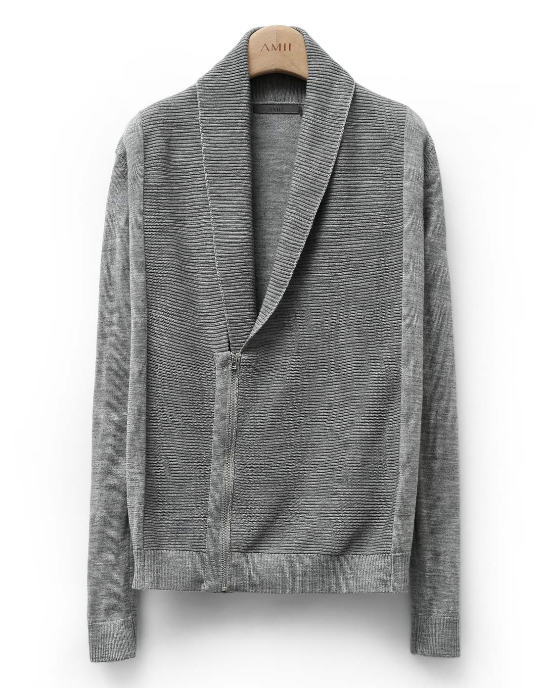 花灰翻领侧门襟针织开衫