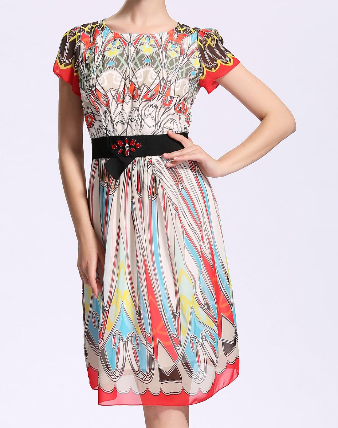 真丝印花彩纹连衣裙