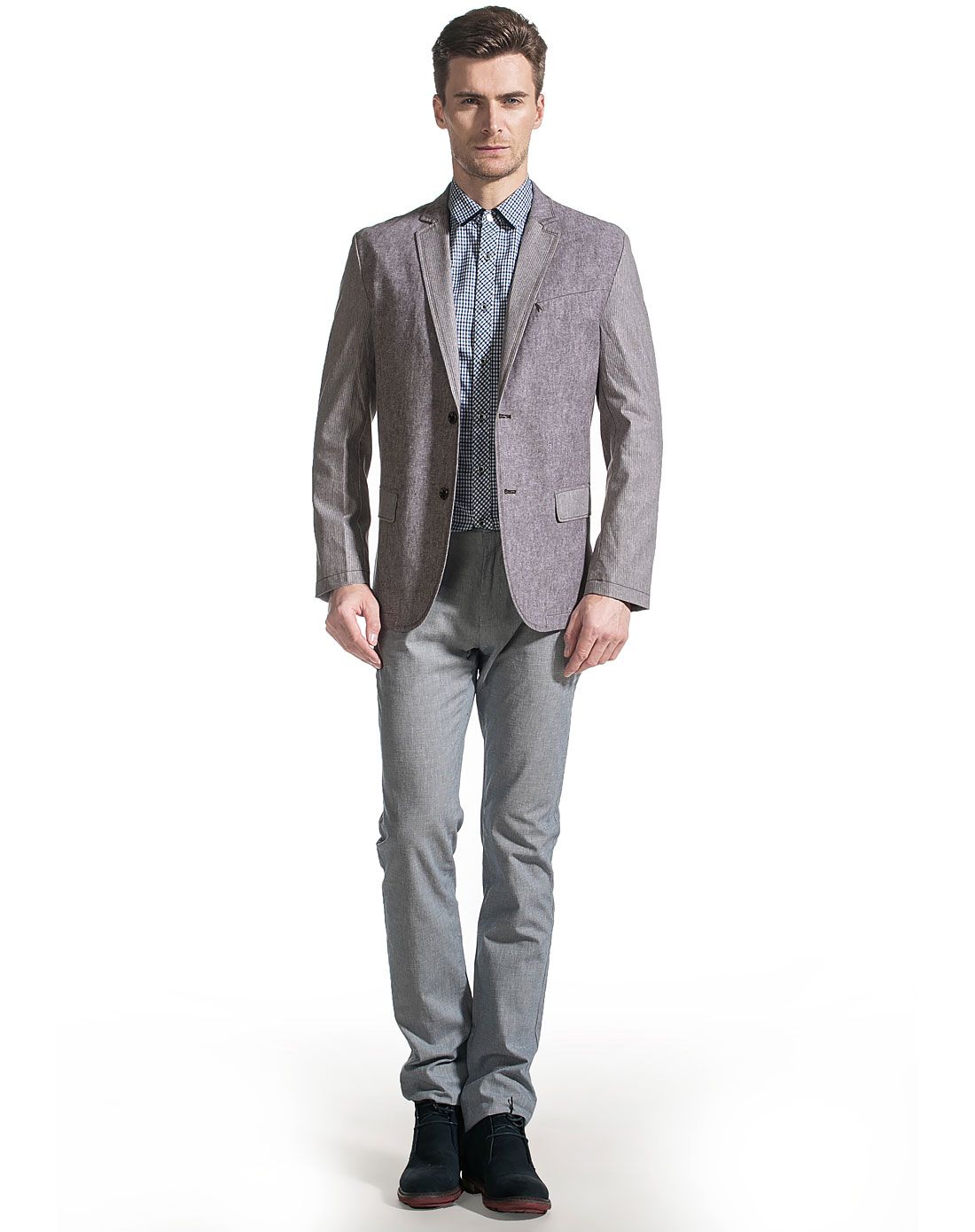 男士豆灰色时尚休闲翻领便西