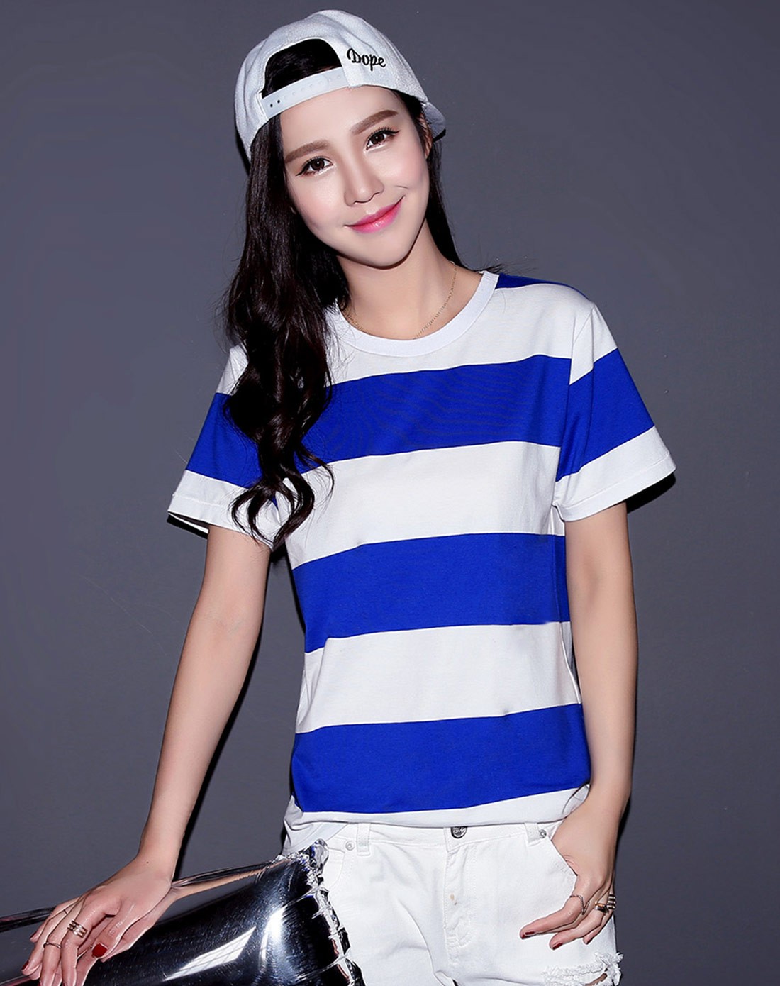 other mix蓝白色 条纹印花宽松短袖t恤