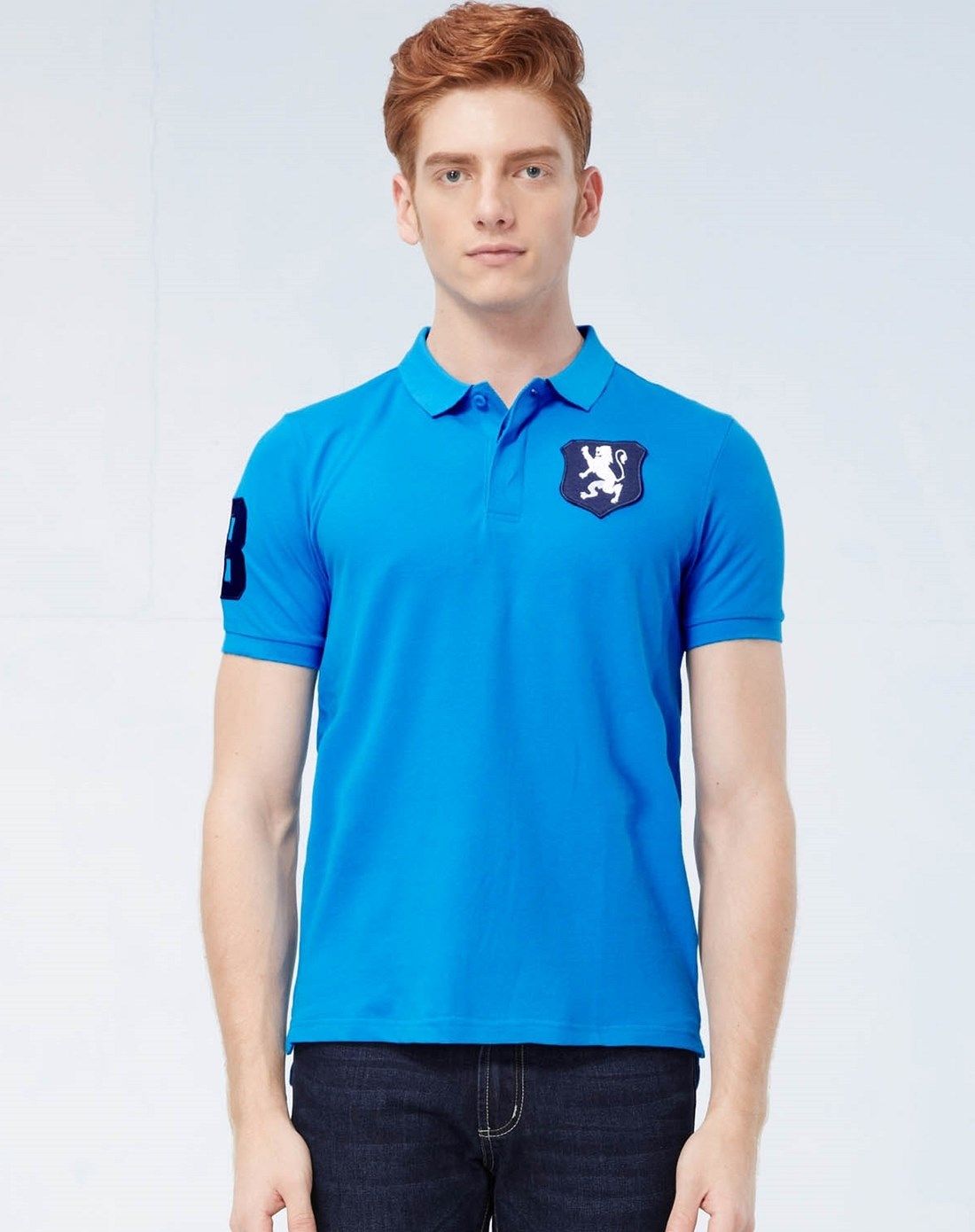 鲜天蓝色狮王刺绣纯色修身polo