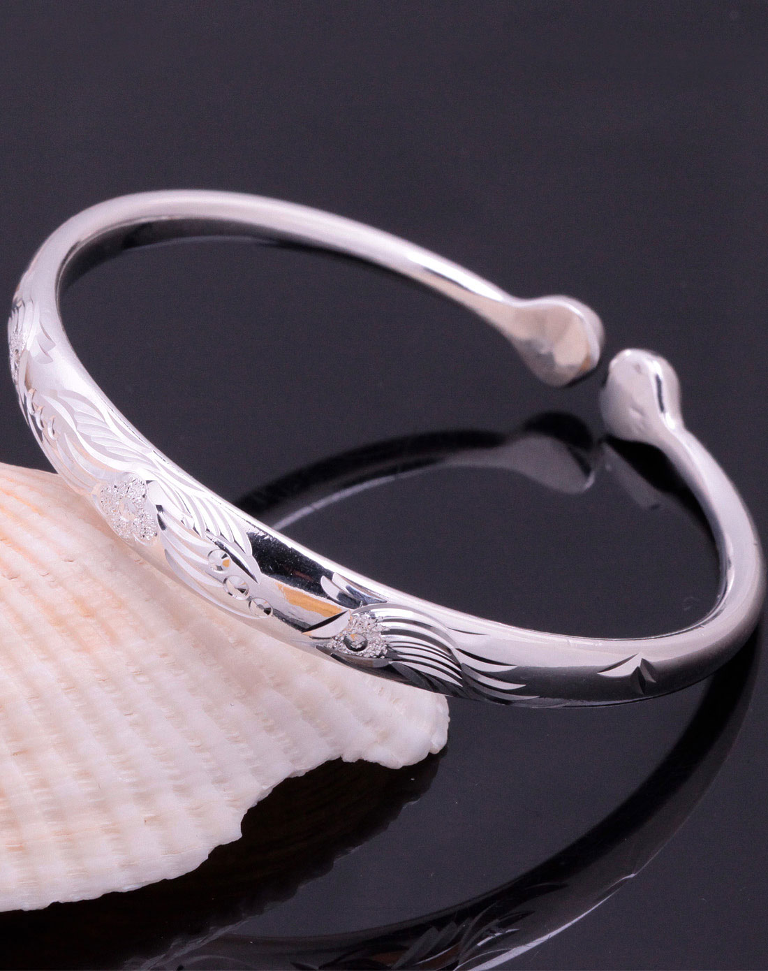 女款s990足银开口车花手镯