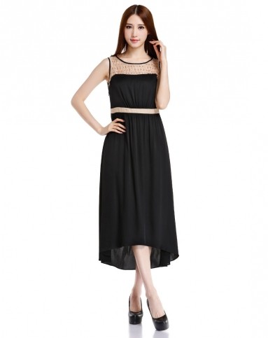 珂莱蒂尔koradior黑色优雅飘逸拼接钉珠无袖连衣裙k14c620503_唯品会