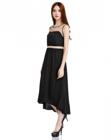 珂莱蒂尔koradior黑色优雅飘逸拼接钉珠无袖连衣裙k14c620503_唯品会