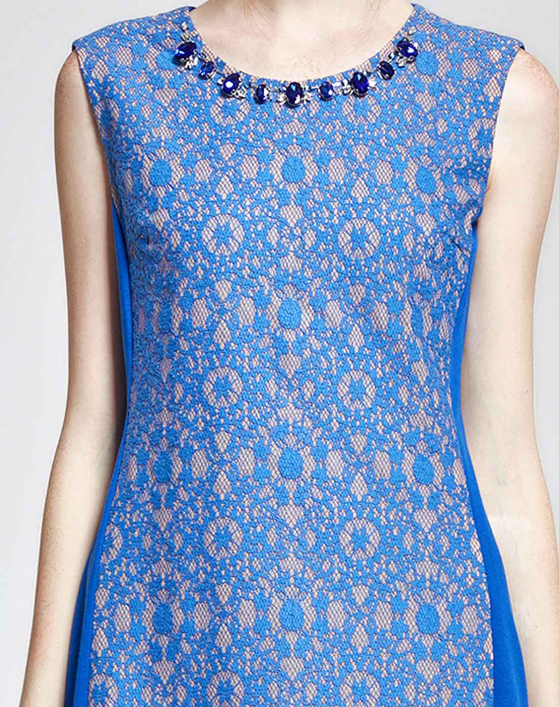 蓝色高贵复合蕾丝拼接无袖连衣裙