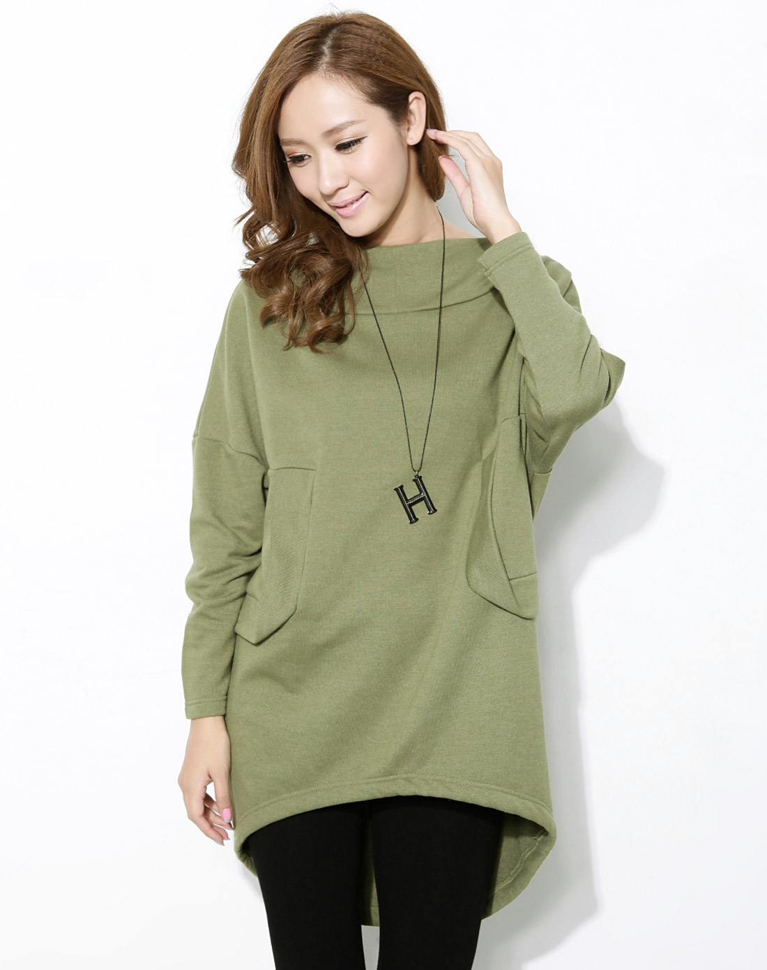 韩都衣舍hstyle女上装专场-女款绿色纯色长袖连帽卫衣