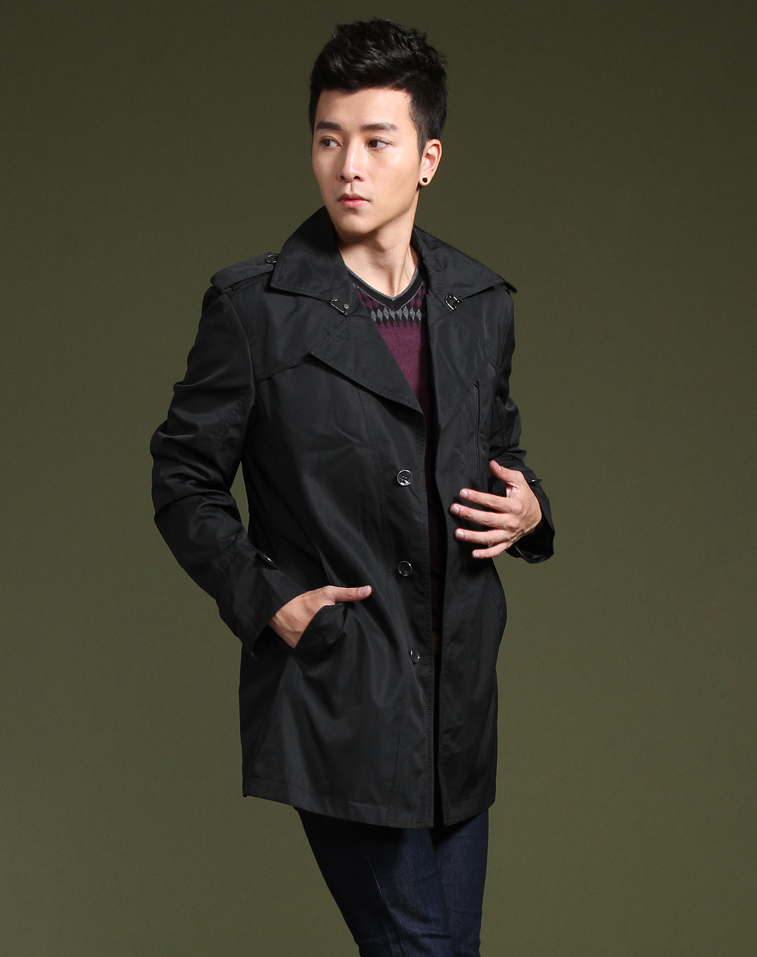 黑色时尚长款翻领长袖薄棉风衣