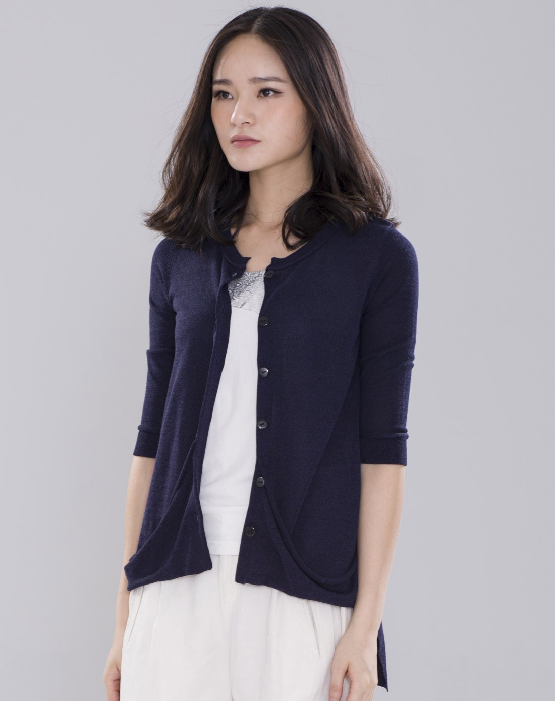 藏蓝色日系甜美六分袖针织衫